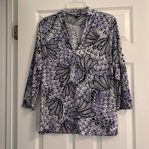 Madison Tunic Top L Blues Cream Feather Wing Print Bust 41” Length 25.5” Stretch